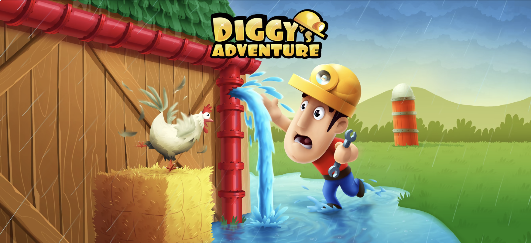 Diggy's character is trying to fix a pipe while a chicken watches