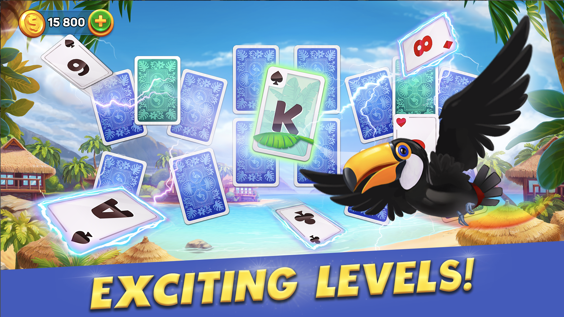 A solitaire game screenshot with a bird flying around and the text exciting levels