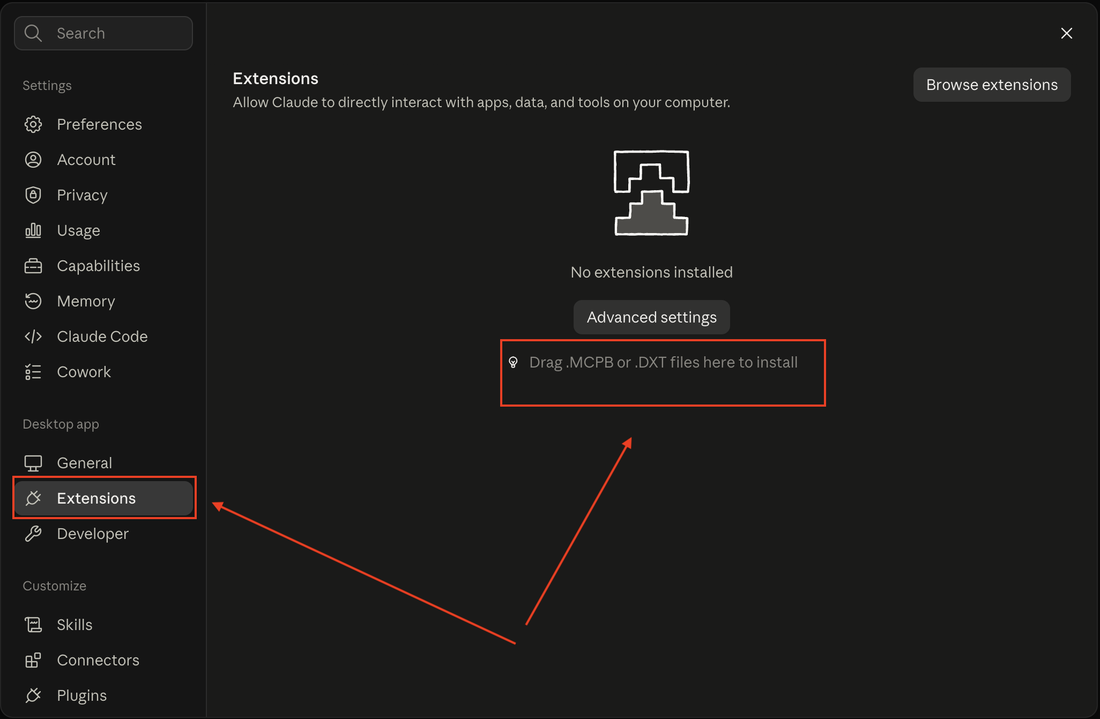 Claude Desktop Extensions with the drop area