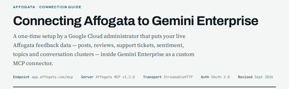 Connection guide for adding Affogata to Gemini Enterprise as a custom MCP connector