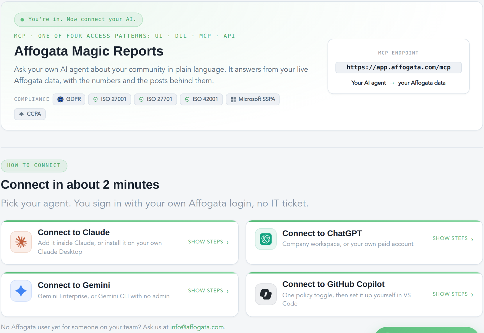 Connect MCP in Affogata: pick Claude, ChatGPT, Gemini or GitHub Copilot and sign in with your Affogata login